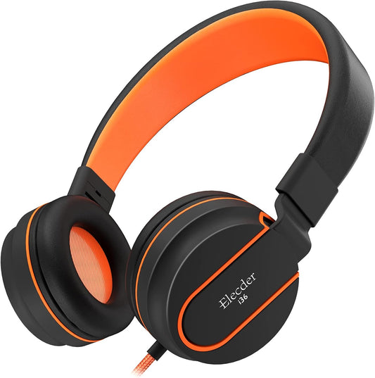 I36 Kids Headphones Children Girls Boys Teens Foldable Adjustable on Ear Headphones 3.5Mm Jack Compatible Cellphones Computer Kindle MP3/4 School Tablet Black/Orange