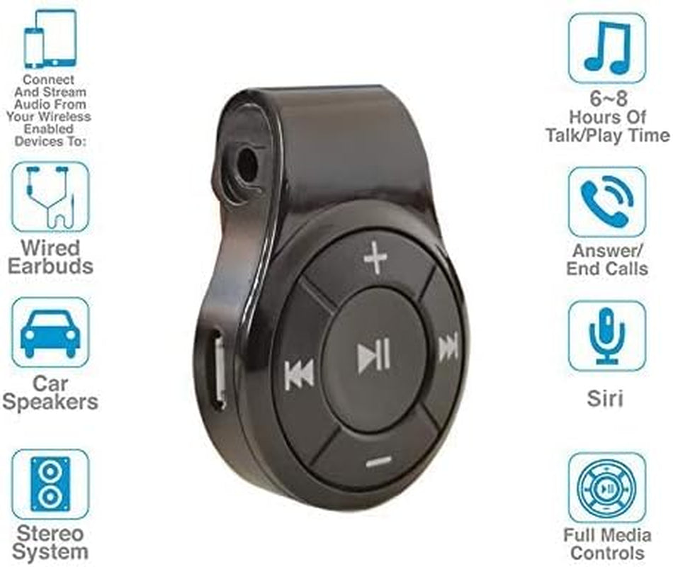 Bluetooth Receiver with Clip for Headphones, Wireless Audio Adapter for Car Aux Kit and Home Audio, 3.5Mm Jack Adaptor for Music with Built-In Mic for Hand-Free Call, (Glossy Black)
