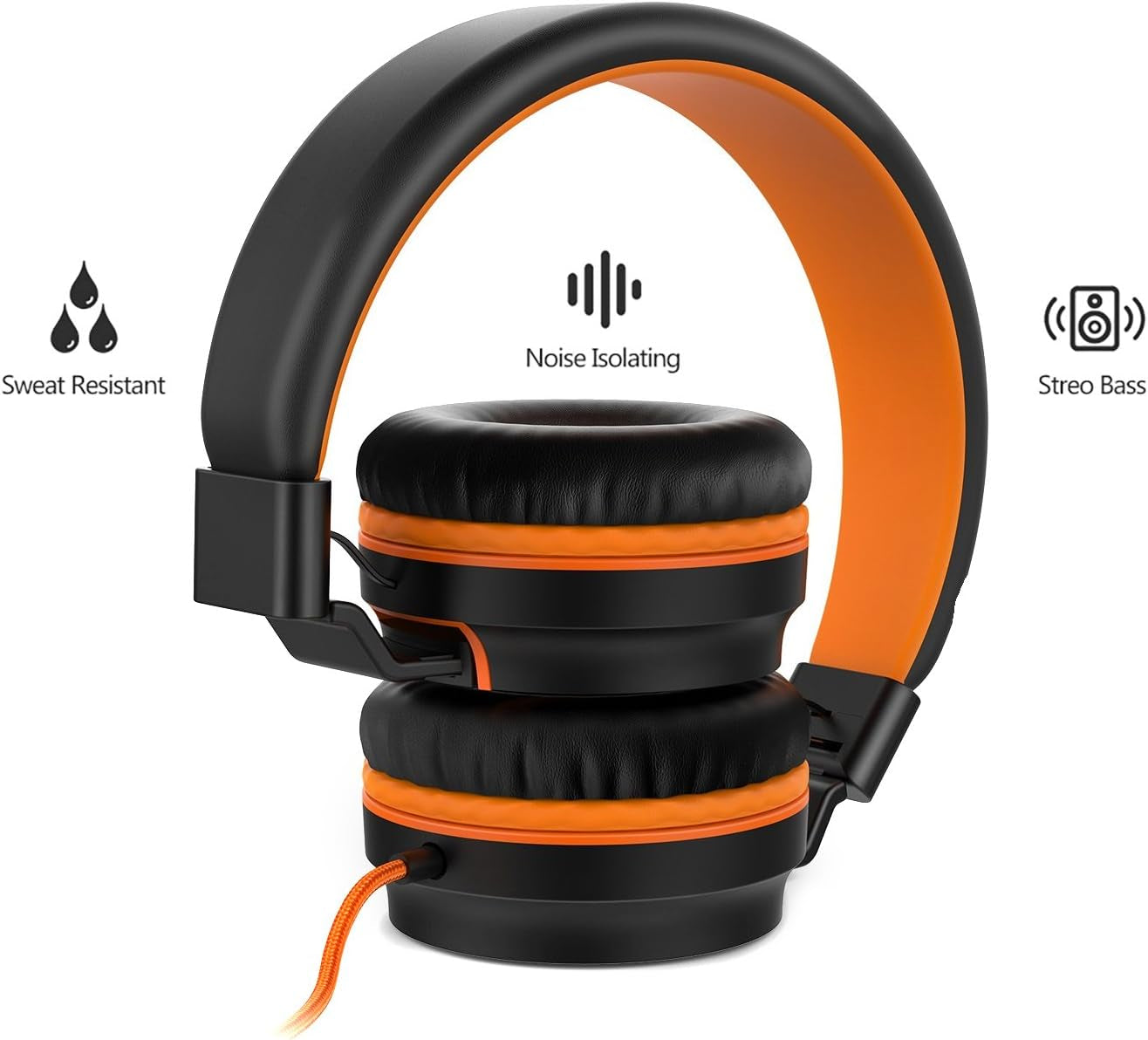 I36 Kids Headphones Children Girls Boys Teens Foldable Adjustable on Ear Headphones 3.5Mm Jack Compatible Cellphones Computer Kindle MP3/4 School Tablet Black/Orange